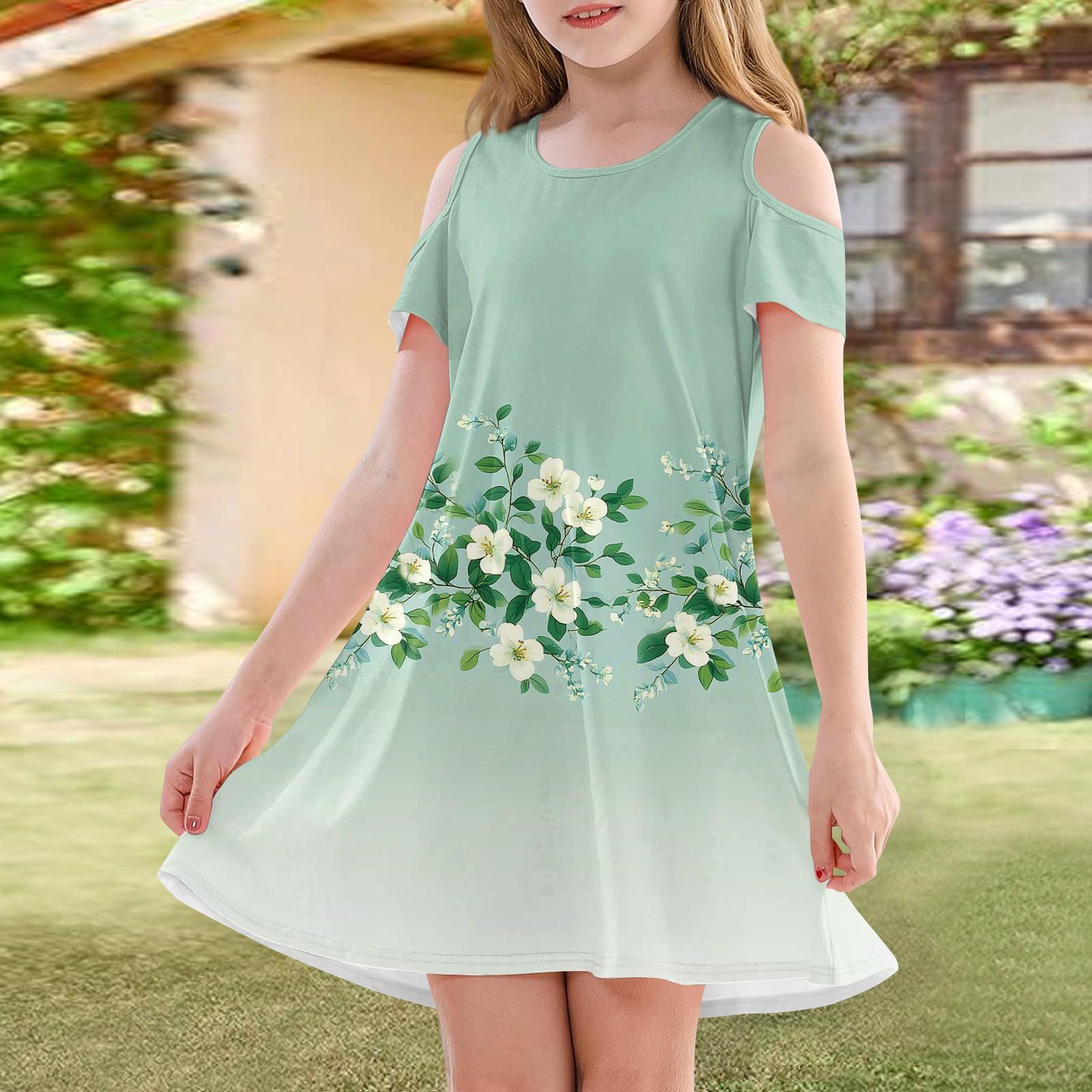 Girls A-Line Dress Cold Shoulder Short Sleeve Floral Print Casual Summer Dress Lightweight Comfortable Fabric 120