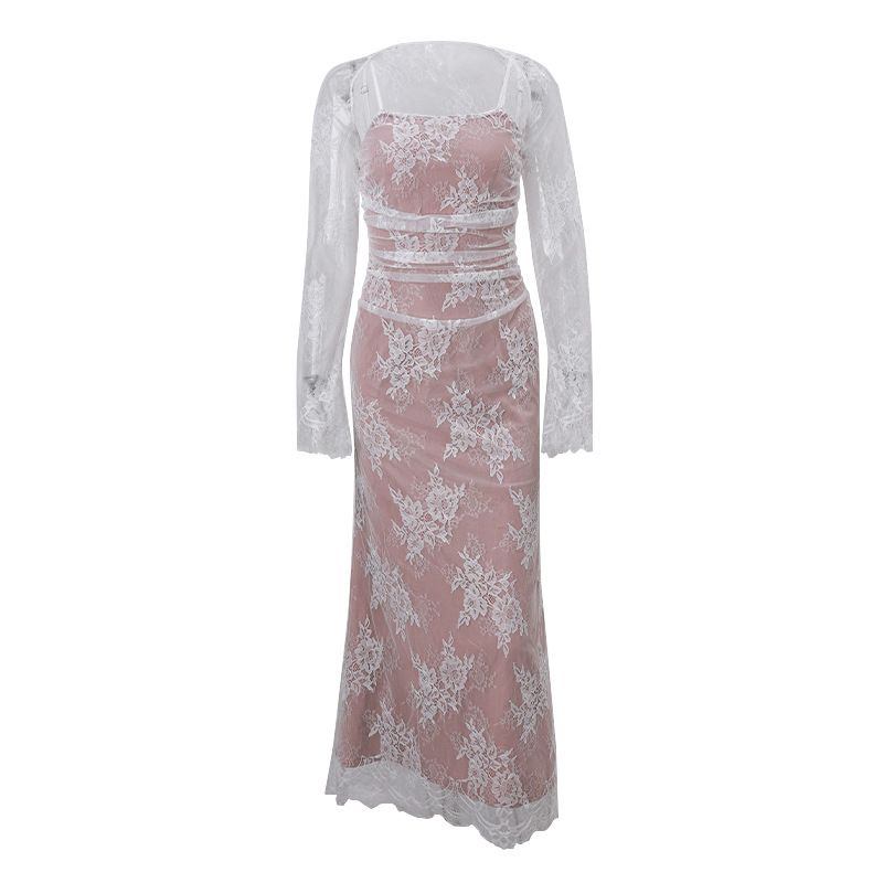

Fashion Style Sexy Lace Temperament Waist-Controlled French Long Dress Waistcoat Crocheted Flower Long Sleeve Spaghetti-Strap Classy Dress Women White L