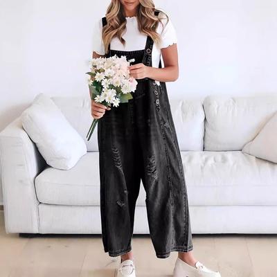 Stil Retro Ausgefranst Löcher Locker Weiter Bein Bequem Lässig Jeans Latzhose Dame