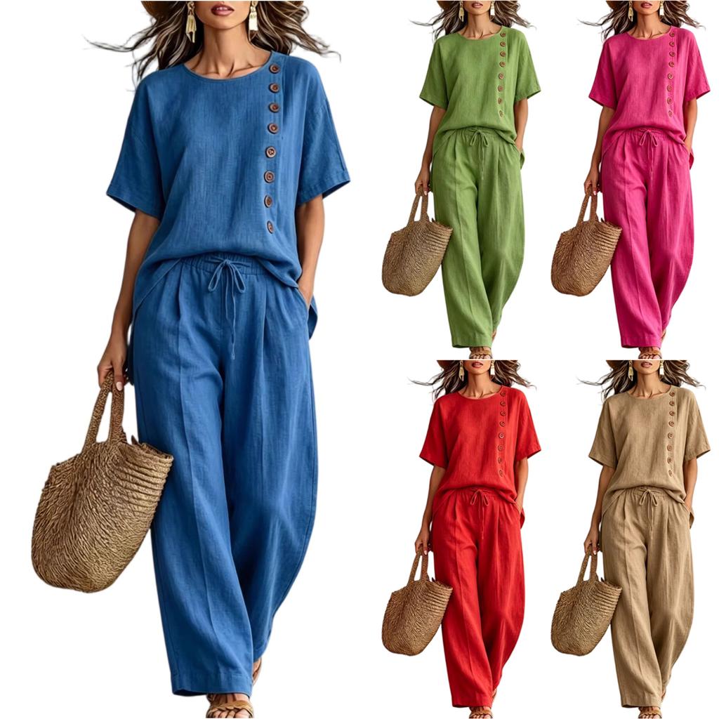 Women's Fashion Round Neck Short Sleeved Top With Elastic Waist, Casual Loose Wide Leg Pants Two-piece Set