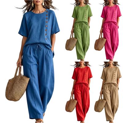 Damenmode Rundhals Kurzarm Top mit elastischem Bund, Lässige Lockere Weite Hosen Zweiteiliges Set