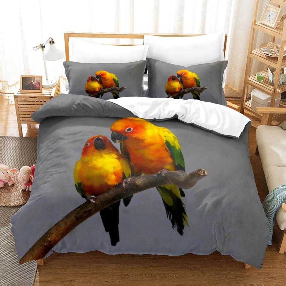 Parrot Duvet Cover Set King/Queen Size, Lovely Gray Parrot Themed Bedding Set For Kids Adults, Trees Bird Duvet Cover, Green
