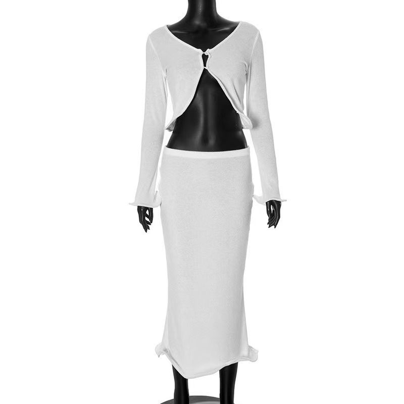 

Fashion Wind Sexy V-neck Cardigan Top Package Hip Skirt Suit Knitted Top and Skirt Set White M