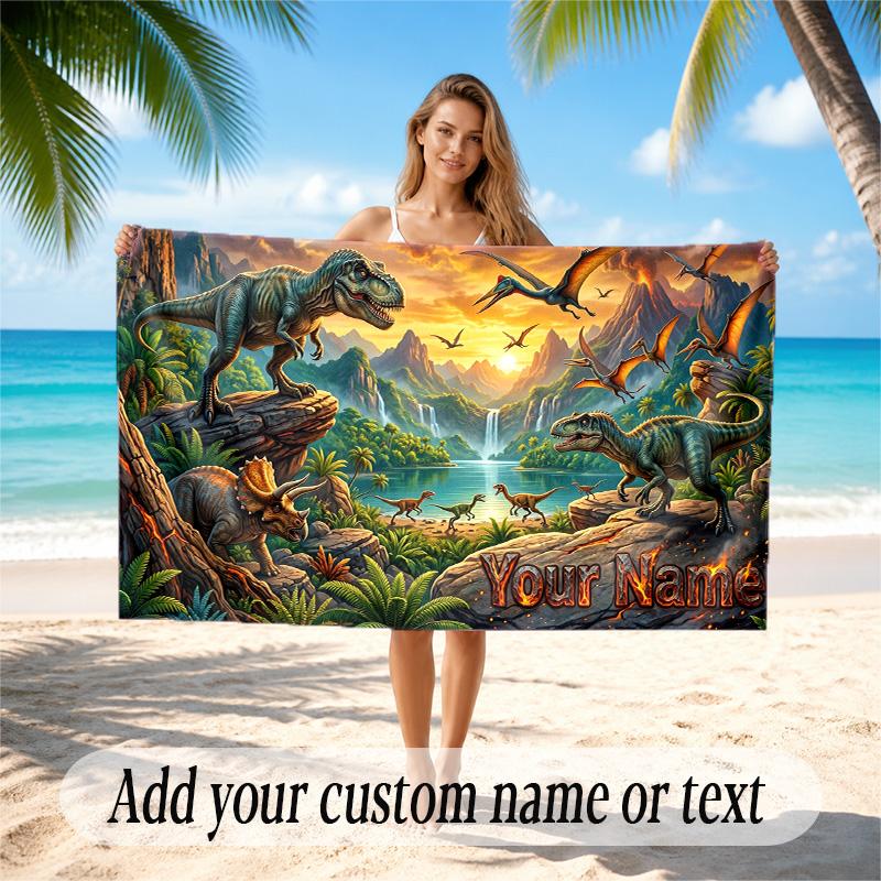 Dinosaur Theme Quick Dry Beach Towel Custom Name Text Print Large Sand Resistant Towel Beach Vacation