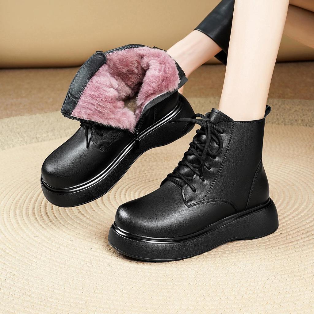 2025 H/W Damen Britischer Stil Echtleder Martin Stiefeletten mit dicken Sohlen, Retro-Fleece-Futter und Woll-Zehenschutz für Schnee