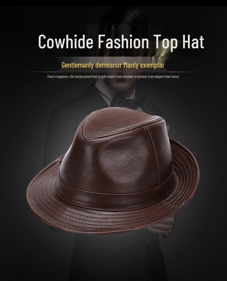 Herren Fedora Hut aus echtem Rindsleder, Herbst/Winter, Britischer Gentleman-Stil für mittlere und ältere Jahre