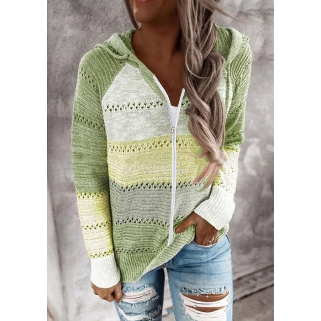 Women's Casual Striped V-Neck Hollow Long Sleeve Zipper Hooded Sweater Clothes Sale