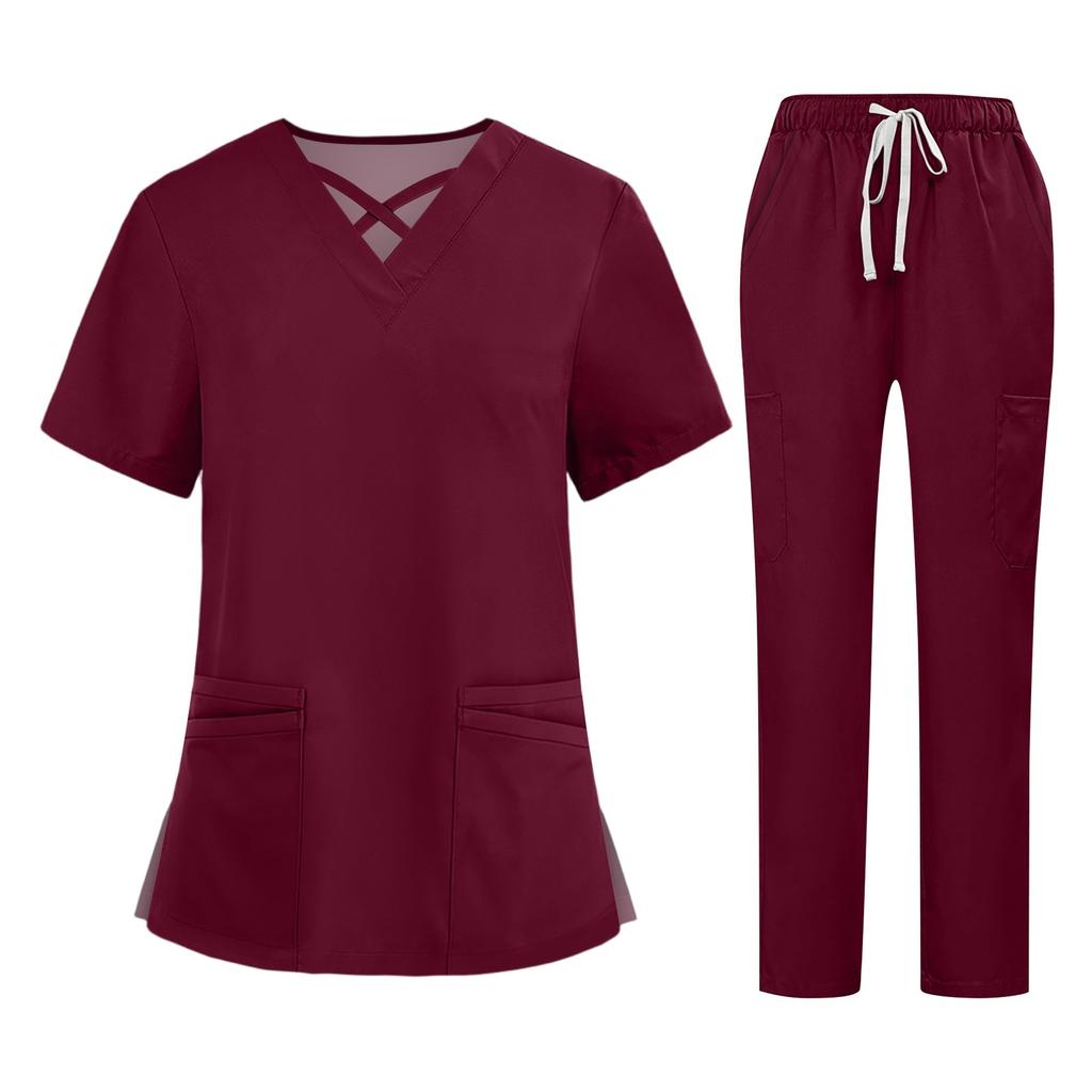 Soild Scrub Working Uniform Suit For Women's Cross V-Neck Short Sleeve Fun T-Shirts Workwear Tee With Pockets
