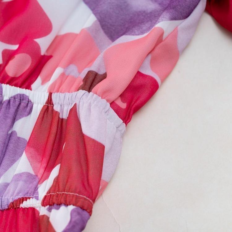 Women V Neck Waist Wrapped Floral Summer Dresses with High Sleeves