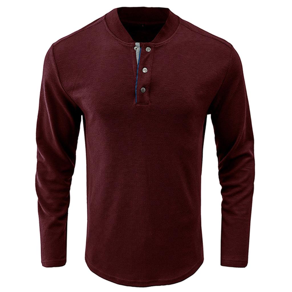 I Zimowy T-shirt Męski z Półotwartym Dekoltem Jednolity Kolor Długi Rękaw T-shirt Casualowa Koszulka Spodnia