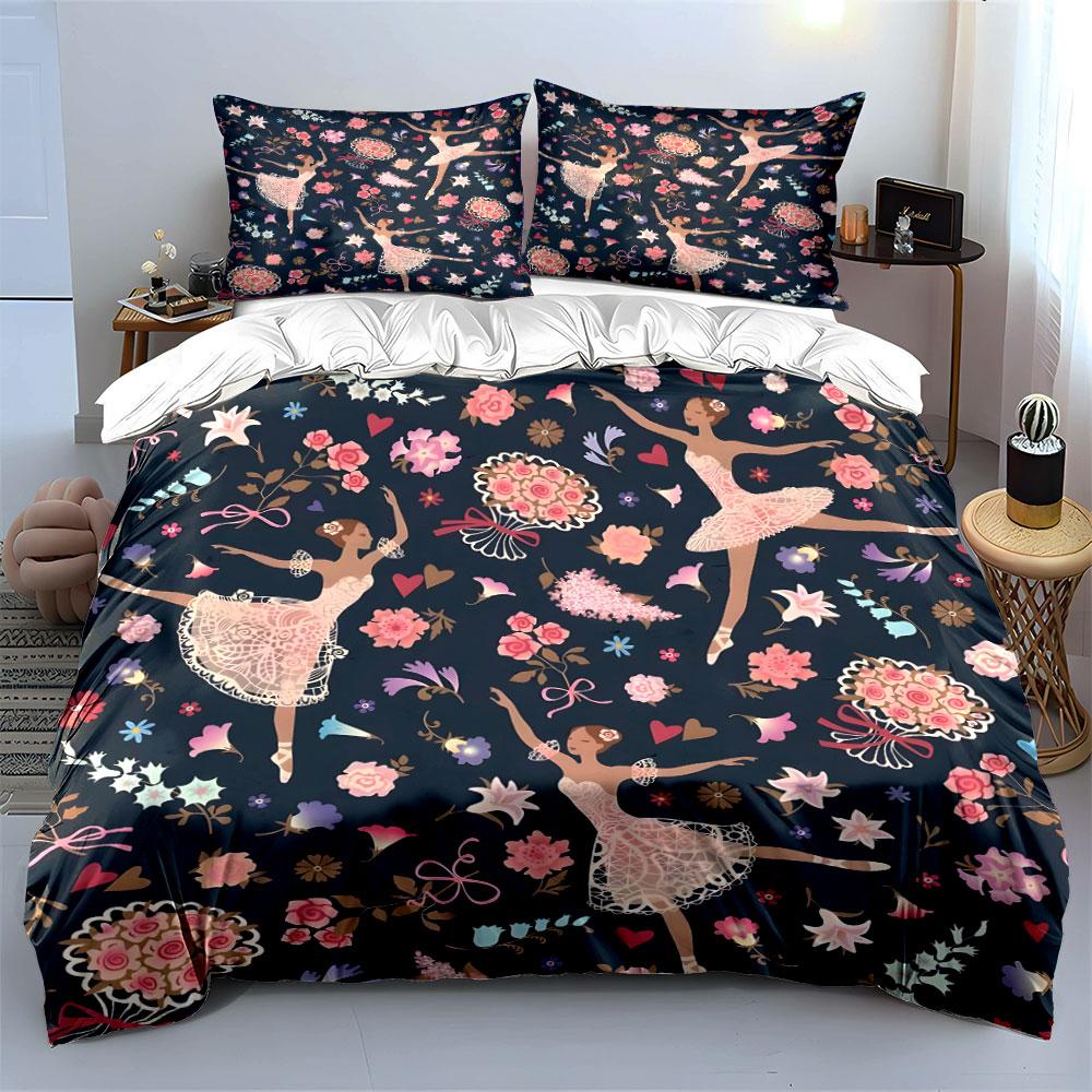 Ballet Dancers Floral Pattern Bedding Duvet Cover Set  (1*Duvet Cover 2*Pillowcases, without duvet insert)