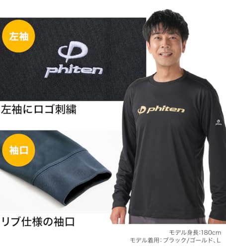 phiten RAKU Shirt, Long Sleeve, Black/Gold, Size Small, Unisex, Sports, Club Activities, T-Shirt with Logo
