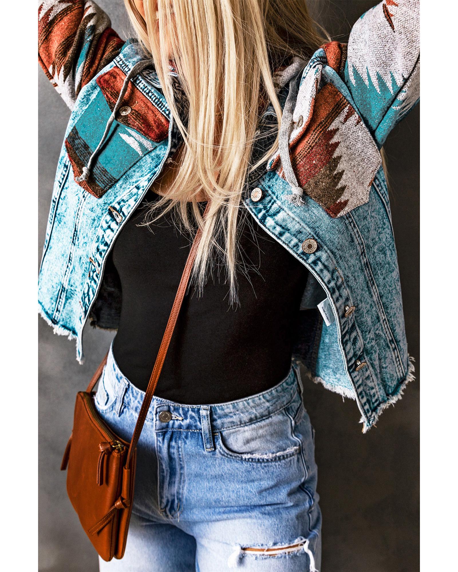 

Azura Exchange Print Frayed Hem Denim Jacket L різнокольоровий