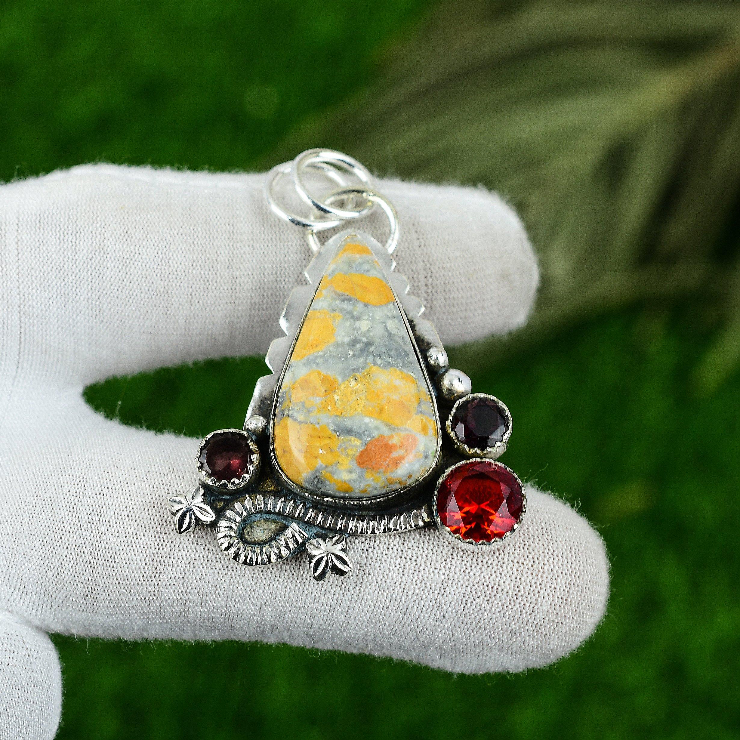 Sterling Silver Pear Maligano Jasper Gemstone Mozambique Garnet Sister Pendant