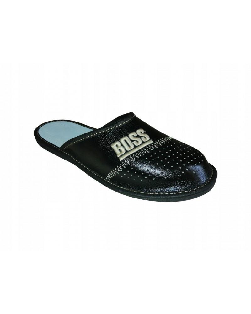Herren Hausschuhe geschlossen mit der Aufschrift  Boss , schwarze Herren Lederschuhe 44