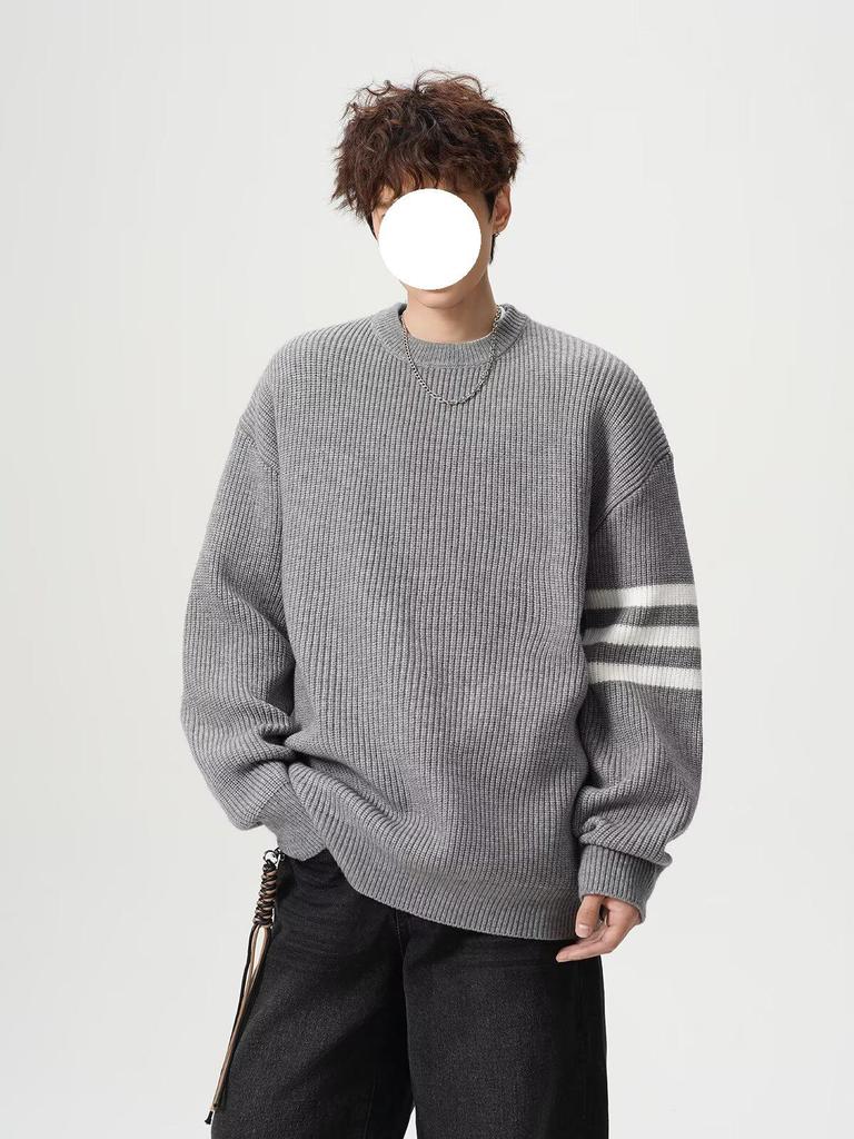 Men's Trendy Solid Color Round Neck Knitted Sweater - Autumn/Winter Casual Long Sleeve Korean Style Base Layer