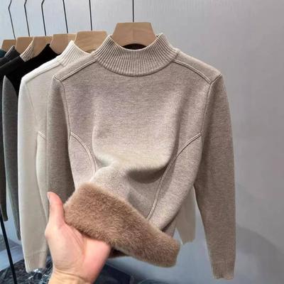 Design Sense Fleece Semi-turtleneck Sweater Women's Autumn and Winter Thickened Warm Integrated Fleece Bottoming Shirt