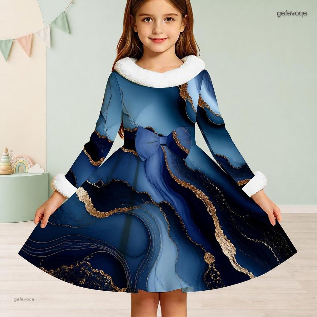 Girls Long Sleeve Green Gold Printed Faux Fur Collar Bow Waist A Line Flared Dress