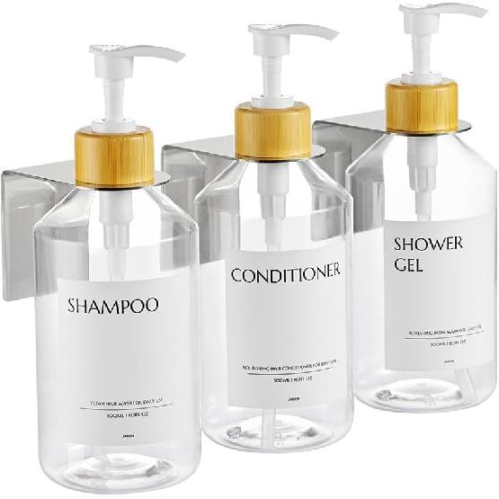 Shampoo and Conditioner Dispenser Set of 3 for Wall Mount,16.9 fl oz Drill Free Shower Soap Bottles with Labels,Refillable Body Wash Dispensers for