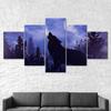 Wolf Howling Blue Moon Silhouette Purple Scene 5 Piece Five Panel Wall Canvas Print Modern Poster Pictures Home Decor Gift For Him For Her