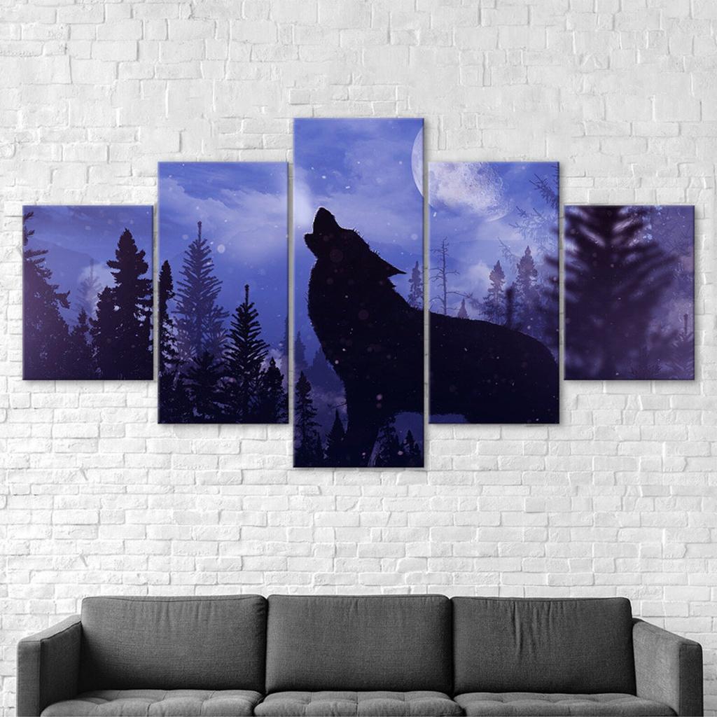 Wolf Howling Blue Moon Silhouette Purple Scene 5 Piece Five Panel Wall Canvas Print Modern Poster Pictures Home Decor Gift For Him For Her