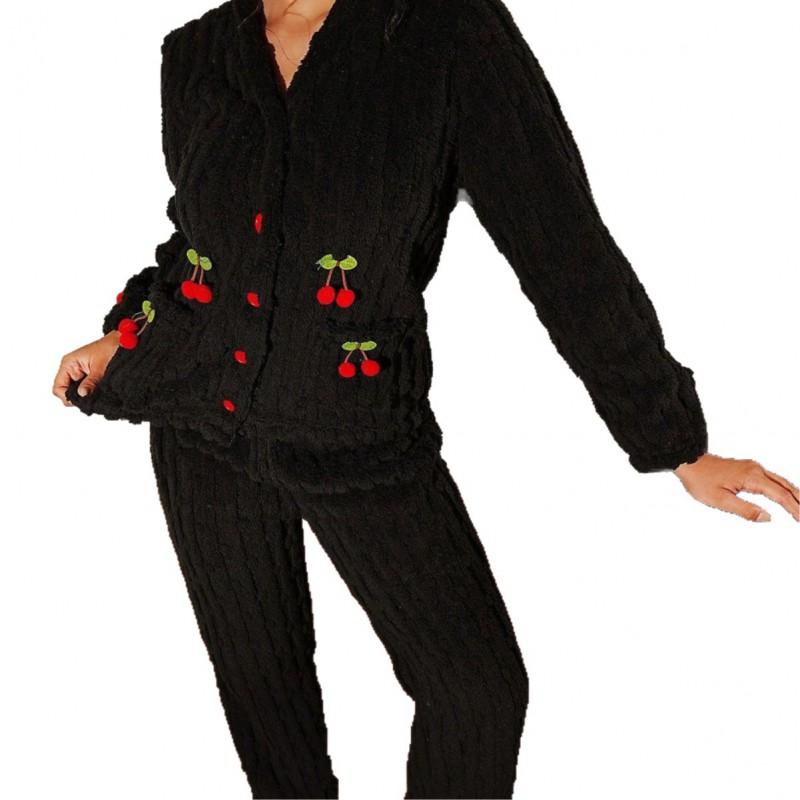 Set Pijama Călduros Căptușit cu Fleece pentru Femei Mânecă Lungă Decolteu în V Îmbrăcăminte de Noapte cu Imprimeu Cireșe Confortabil pentru Casă