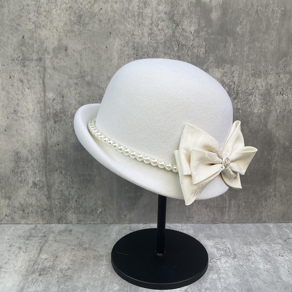 Xiaoxiangfeng Bamboo Leaf Dark Embroidery Bow Wool Beret Children'S Winter Australian Hair Top Hat Camellia Pearl Chain Felt Hat