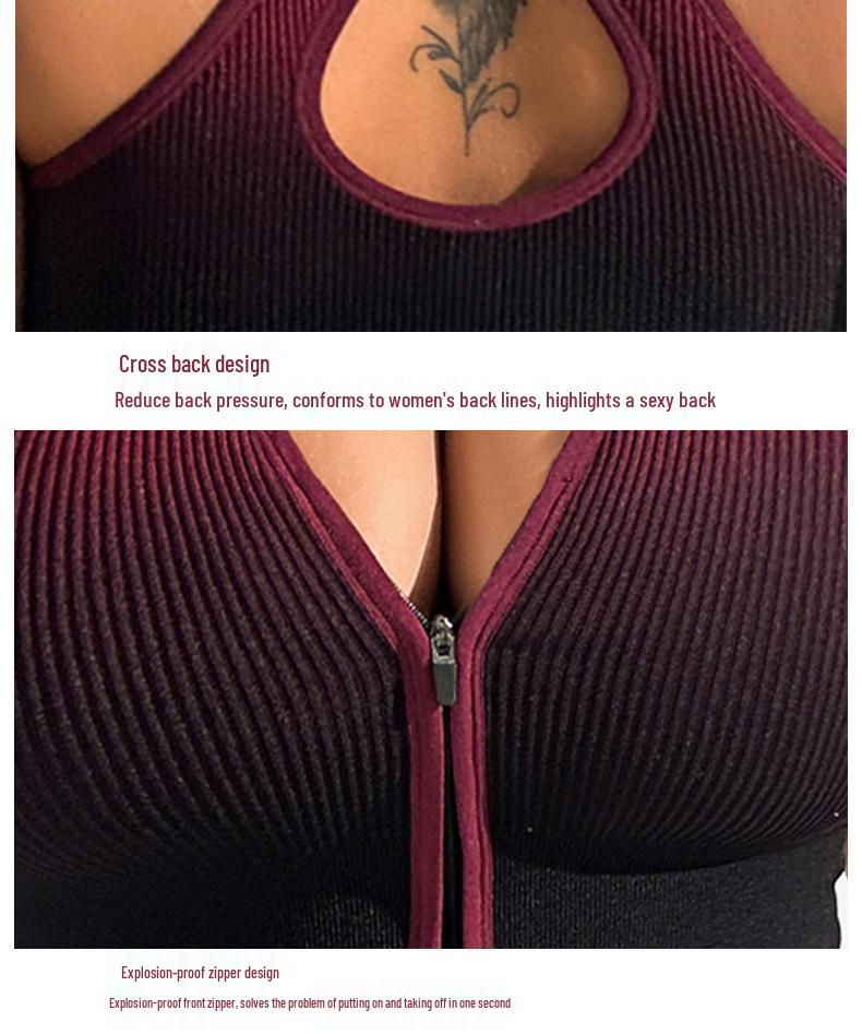 Women's Gradient Sport Shockproof Running Vest Bra with Front Zipper for Fitness & Yoga