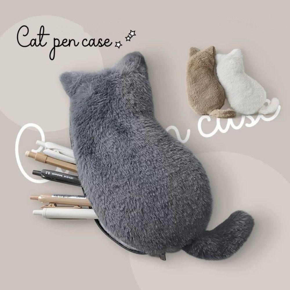 Soft Cat Plush Pencil Bag Cute Animal Stationery Bag Portable Fluffy Pencil Case Office Supplies