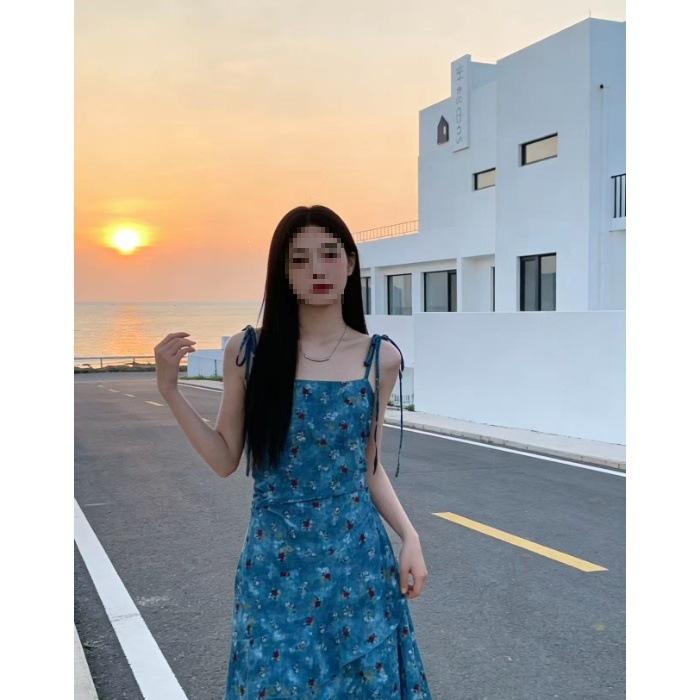

Summer design floral suspender skirt suspender dress new Spice Girl style collection irregular medium and long blue S