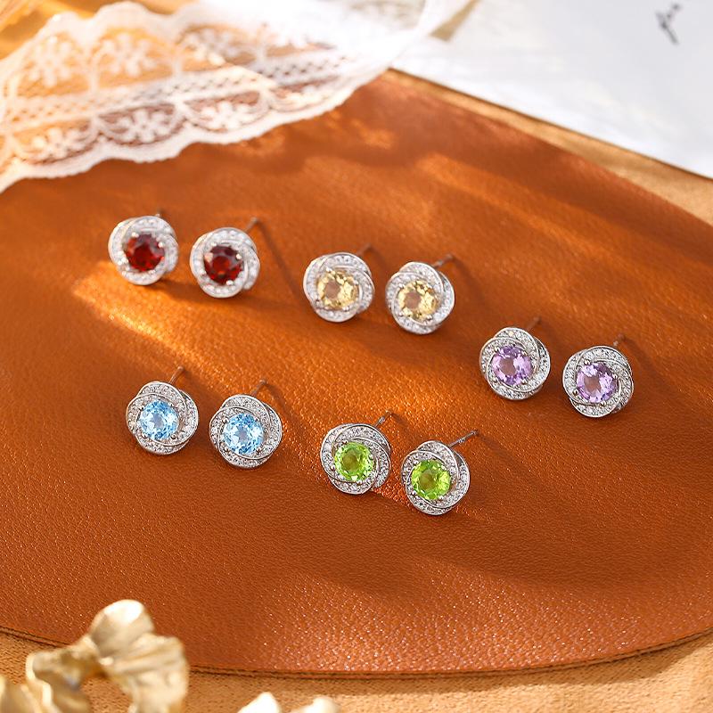 Light Luxury Color Treasure Four-leaf Clover S925 Sterling Silver Stud Earrings Women's Natural Amethyst Stone Olive Stone Topaz Earrings Jewelry Gift