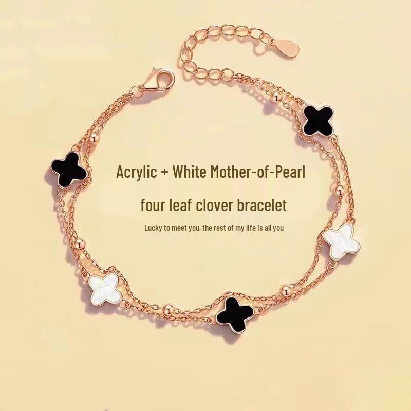 Double-Layer Sterling Silver Clover Bracelet with Mother-of-Pearl  Malachite – Elegant Women s Hand Jewelry Sterling Silver 925