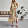 Summer New Style Colorful Striped Crocheted Round-neck Vest Sleeveless Fitted Dress for Women
