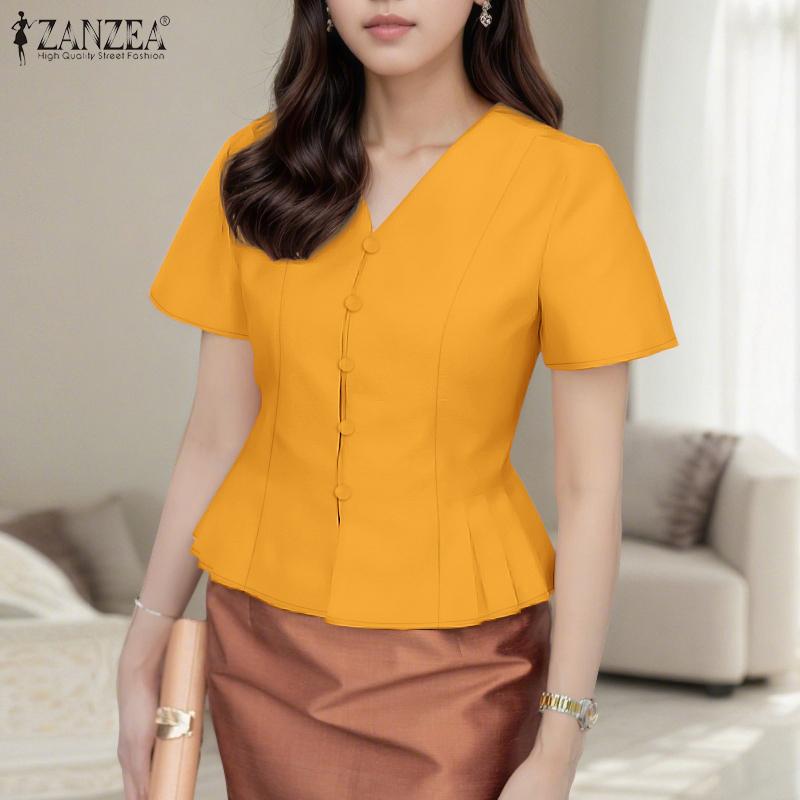 ZANZEA Women Casual V-neck Summer Short Sleeve Slim Blouse