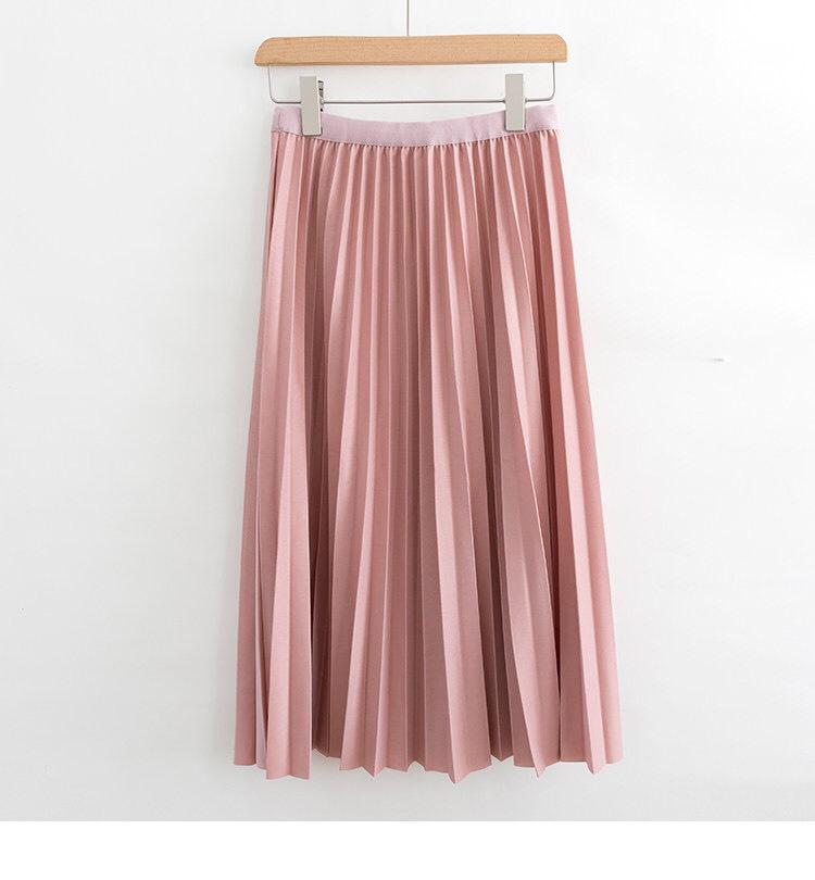 Qooth Falda plisada elegante de línea A para primavera y verano, falda larga informal para mujer, faldas largas de cintura alta JM0001