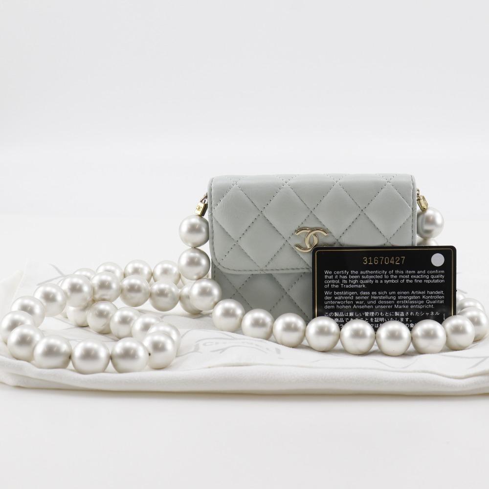 CHANEL Pearl strap flap wallet Shoulder Bag AP1838 Matelasse light blue leather/Fake pearl Women Used