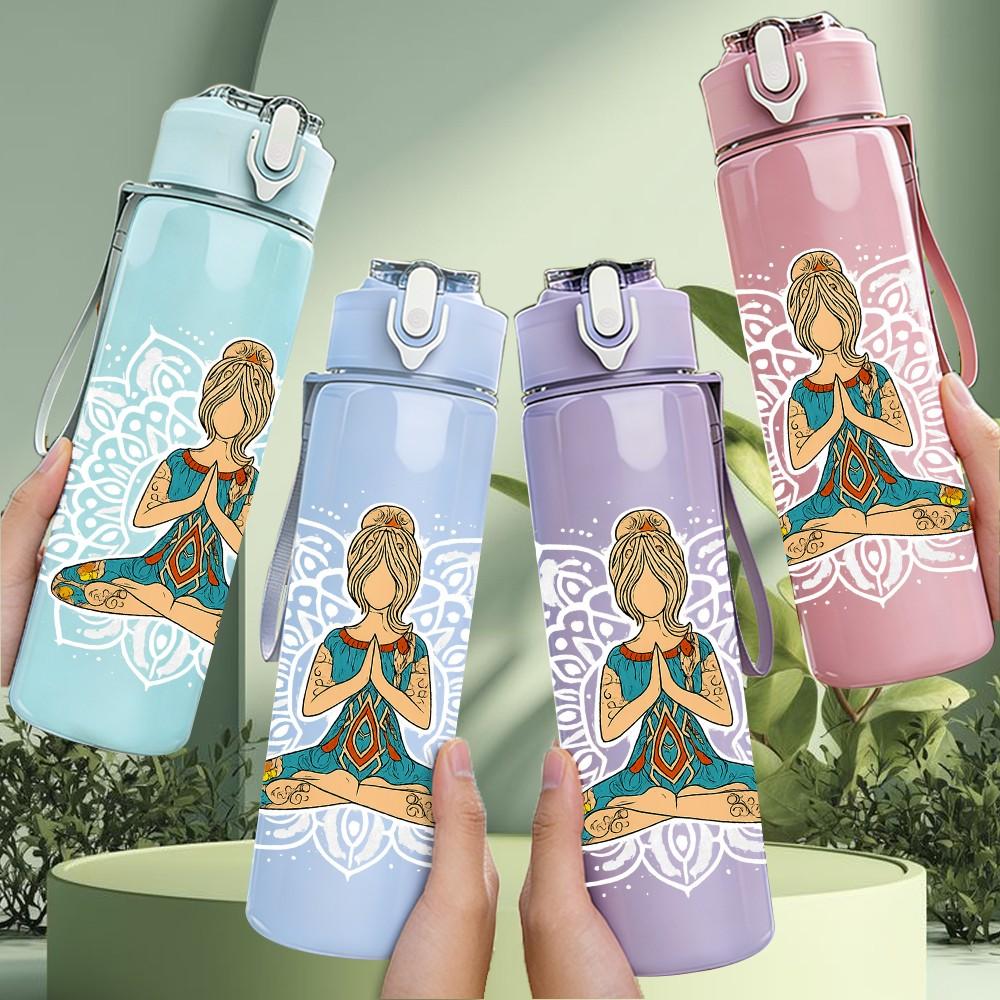 1PC Meditating Yoga Figure 750ml Color Plastic Sports Water Bottle Leakproof Flip Straw Lid Suitable for Sports Office Home Use