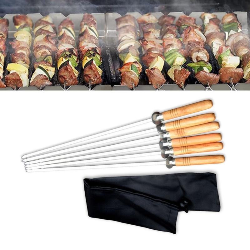 6Pieces Stainless Steel Barbecue Skewers Non Slip Wood Handles BBQ Stick for Camping Flat Metal Kebab Skewers Kitchen