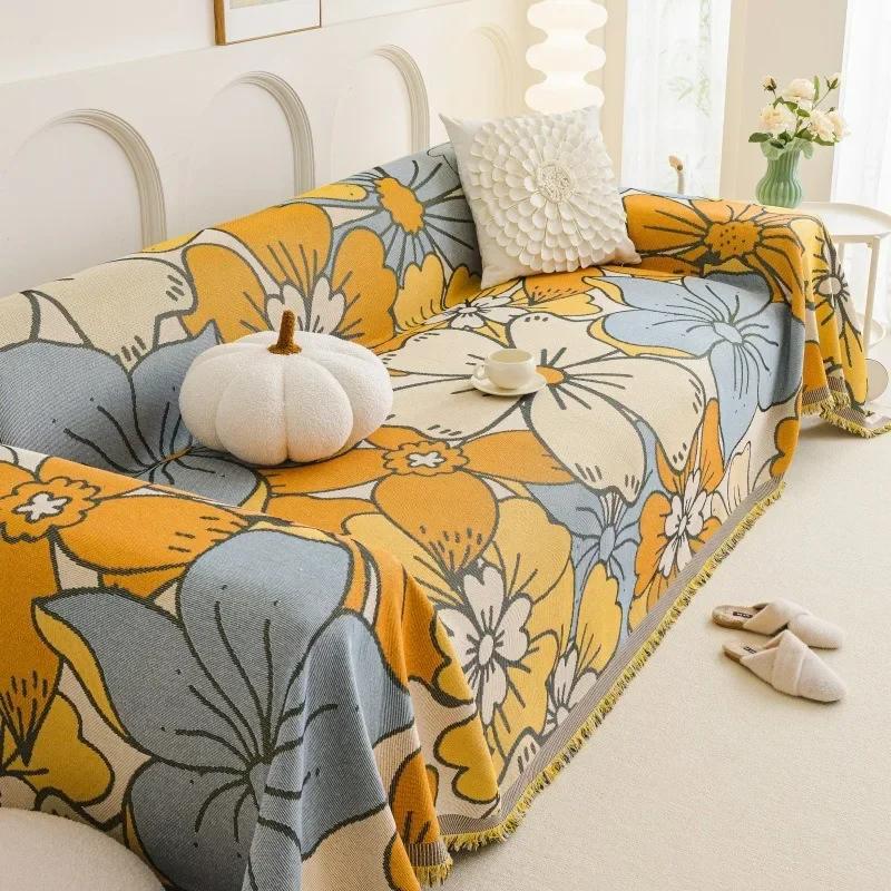 Cartoon Flower Sofa Cover Tassels Four Seasons Leisure Thin Blanket Anti-cat Scratch Weave Couch Towel for Living Room Slipcover
