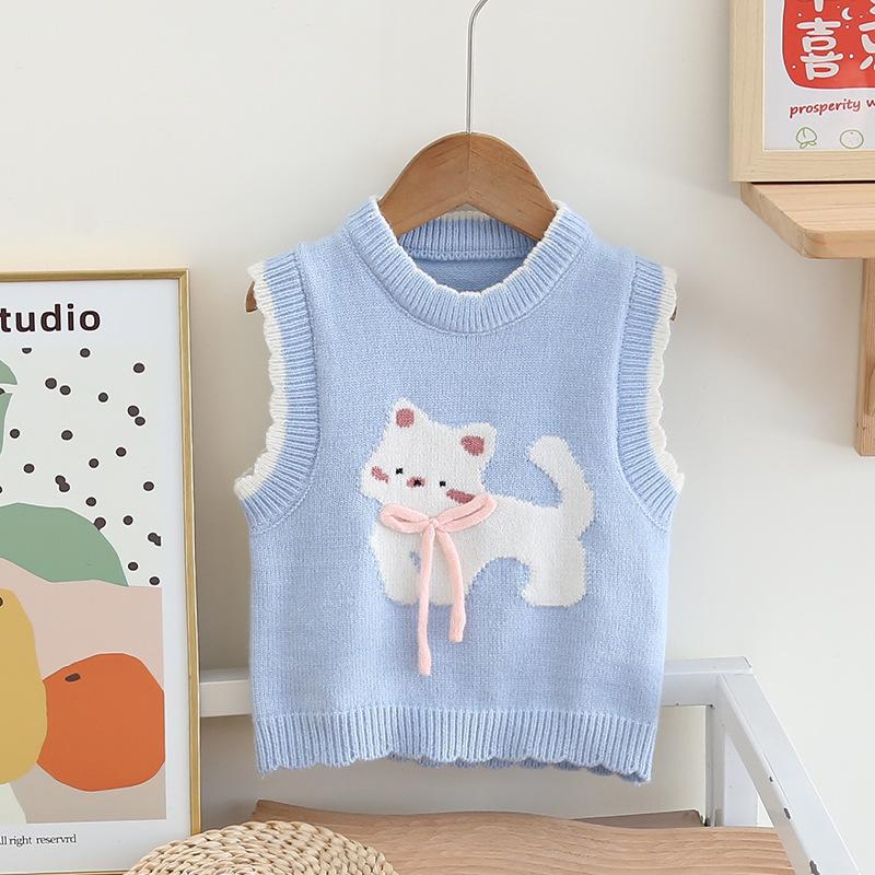 New Arrival Sweater Sleeveless 1-6Y Kids Girl Cat Knit Vest Cartoon Embroidery Cute Pullover Children Autumn Spring Clothes 80