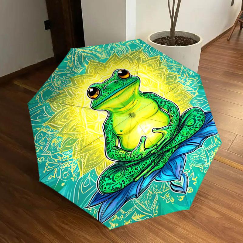 1pc Frog Lotus Flower Fashionable Automatic Opening/Closing Folding Umbrella with 8 Iron Bones, Plastic Handle yy251015059
