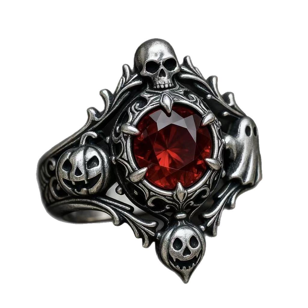 New Retro Halloween Gift Ring, European and American Style, Featuring a Gun-shaped Design with Black Accents and Ruby Embellishments, Exclusively for