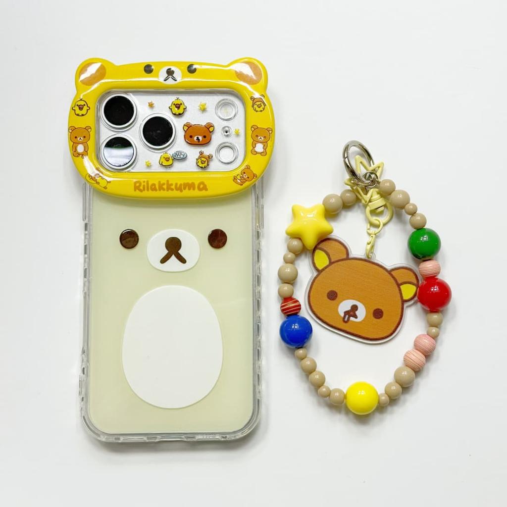Cute Cartoon Big Bear Head Rilakkuma IMD Phone Case for iPhone 17 17Pro 17Promax 16 15 14 Pro Max 16pro with Bracelet Pendant