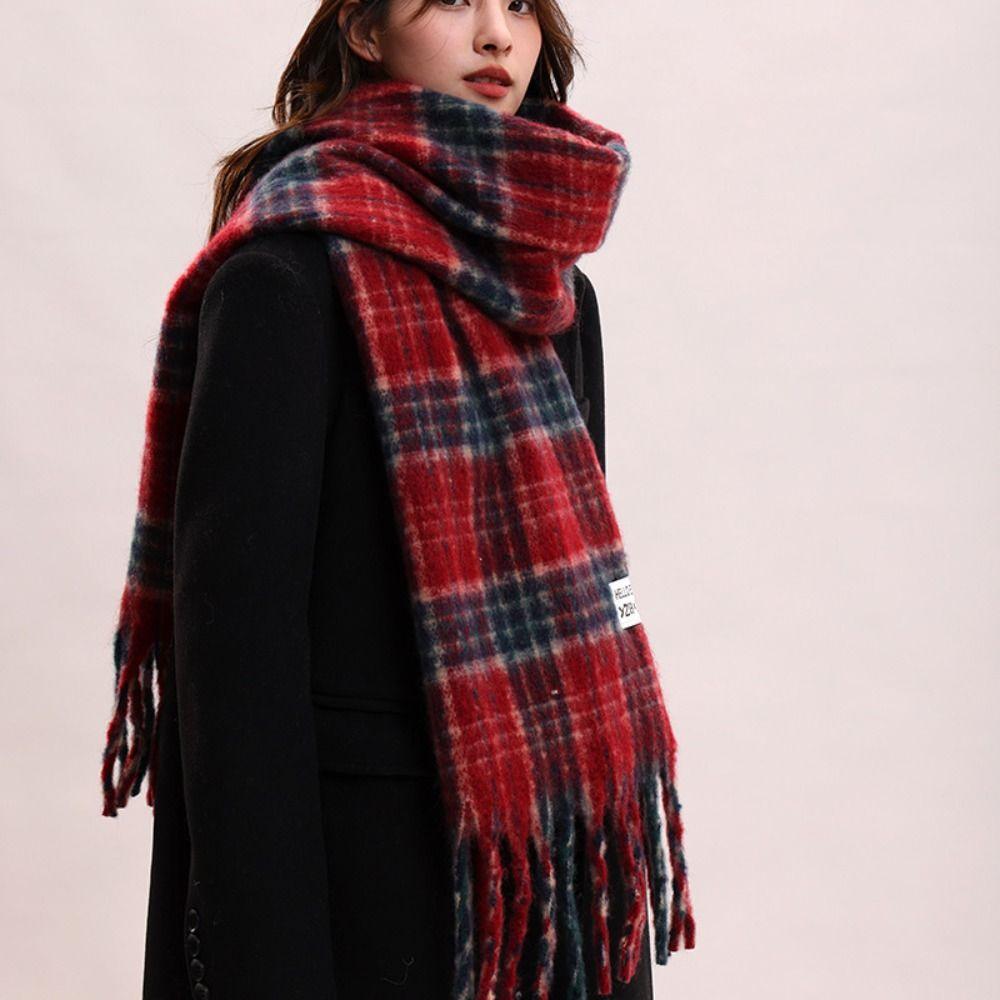 Tassel Plaid Wool Scarf Mohair Long Shawl Elegant Winter Cashmere Scarves  Girl