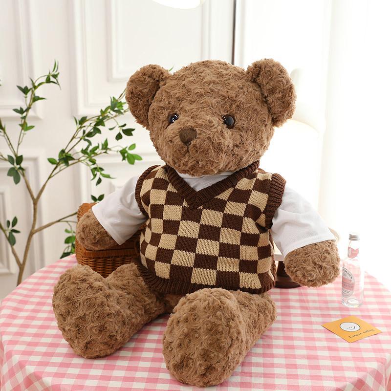 Checkered sweater teddy bear doll for girlfriend bear companion pillow home ornament children's holiday gift