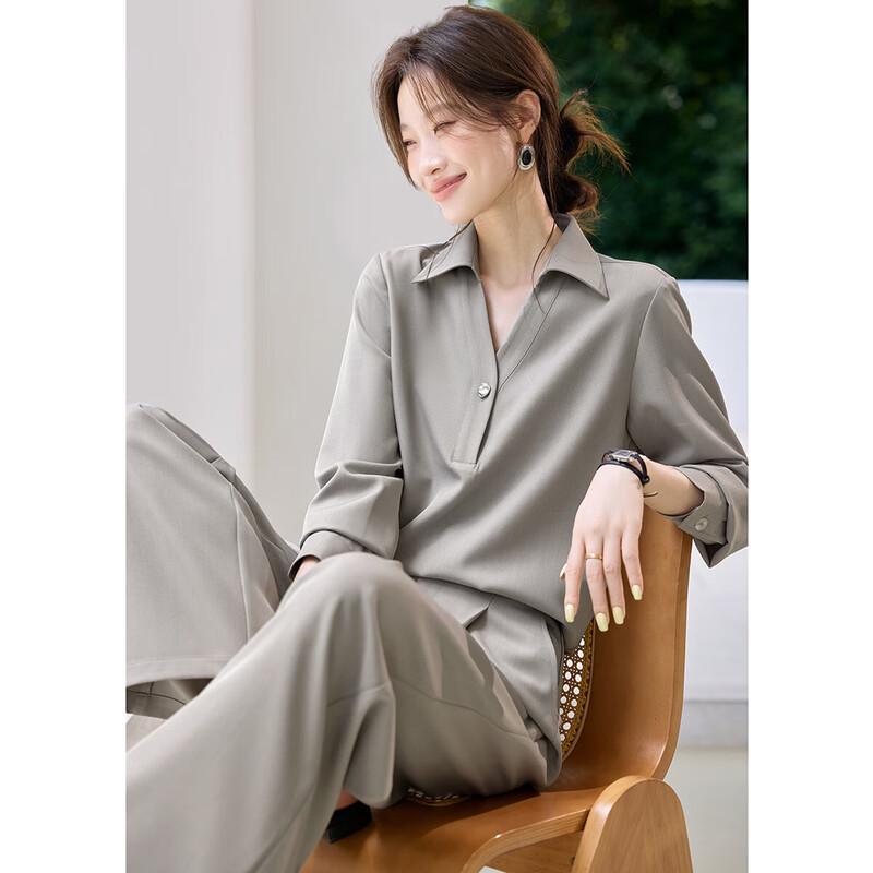Mohan Yimei Old Money Style Collared Shirt and Wide-Leg Pants Set M