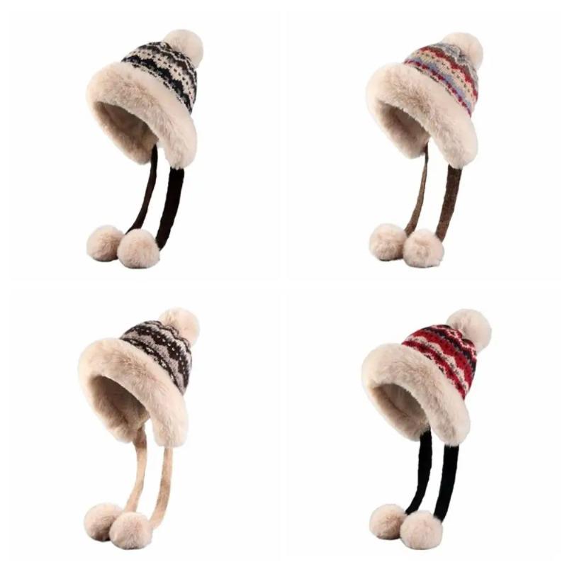 Fashion Thick Knitted Plush Hat Warm Ball Ear Protection Hat Windproof Ethnic Style Pullover Beanie Hat Girls