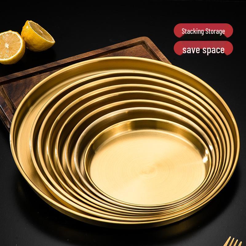 Korean Style Stainless Steel Round Golden Tray for Cold Noodles, Rice, or Steaming – Thickened Flat Bottom Plate