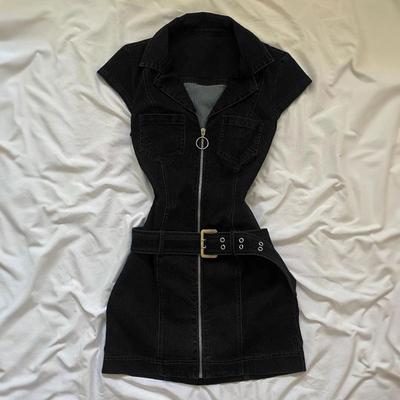 Vestido Curto Jeans Preto Retrô Americano Feminino Verão Zíper Elegante Slim Vestido de Uma Peça Design de Moda Coreano Roupa Casual