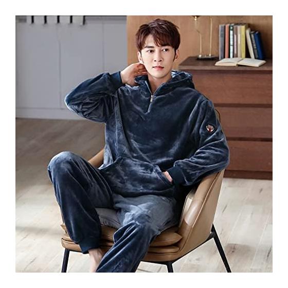 [D.IIZOO] Parka Style Long Sleeve Fluffy Pajamas Men's Winter Top and Bottom Set Room Wear Loose Warm Cold Protection Loungewear Fleece Lined Pajamas